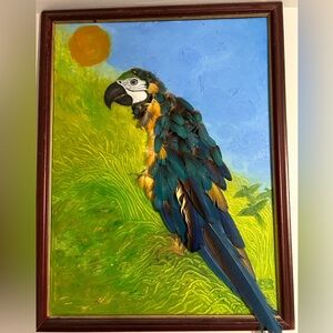 Original oil painting “Jake” 27”x21” made with real Macar feathers